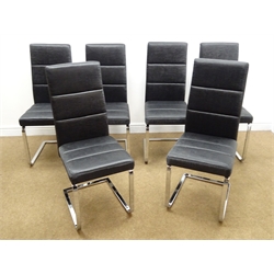  Set six Rhodes high back chairs on chrome sprung bases, upholstered in charcoal faux silk fabric, W44cm  