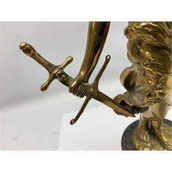 After Oswald Schimmelpfennig (German, 1872-1939): Pair of gilt bronze winged Allegorical female figures, the first example with arm outstretched holding a branch, signed 'Schimmelpfennig 1900', the second with arm raised above her head holding a book and sword in the other, both raised upon marble plinths, H45cm
