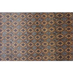 North East Persian Moud hand-knotted carpet, ivory field with an-over Herati inspired lattice of repeating lozenge and diamond motifs, with stylized floral devices and angular vinery in tones of sky blue, indigo, madder red and camel, principal border with a sequence of stylized palmettes and angular vine motifs, framed by narrow guard stripes, with cotton fringe ends