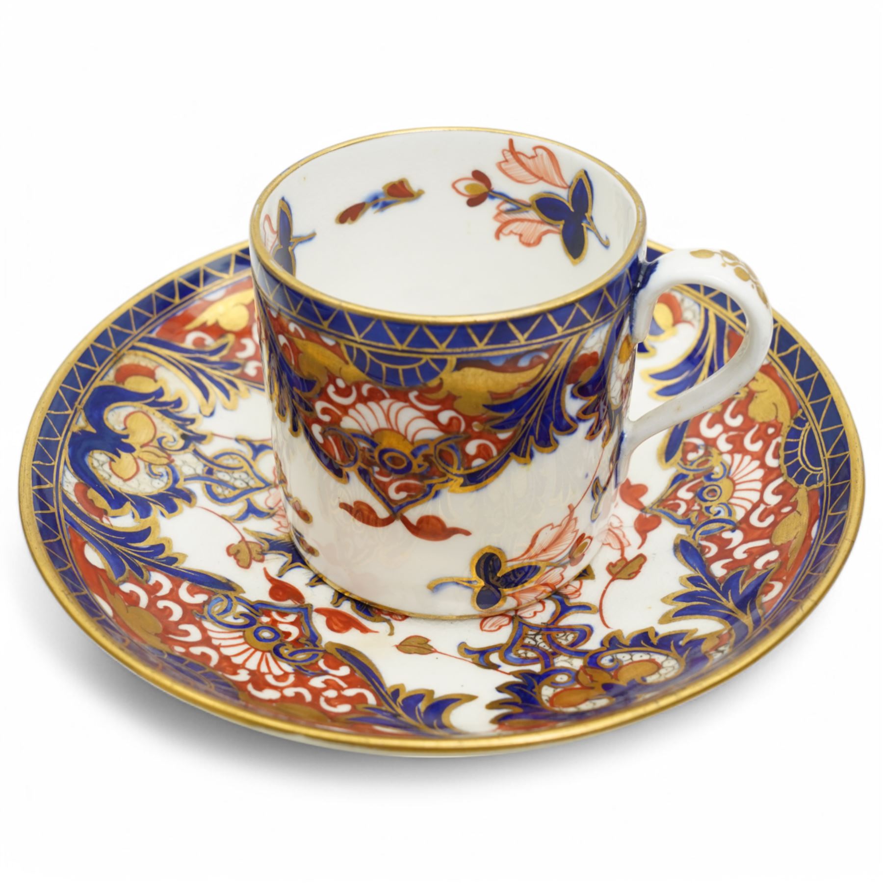 18th century Caughley tea cup and saucer of fluted design decorated in blue and gilt, blue 'S' mark, Bloor Derby coffee can and saucer in red, blue and gilt; 18th century Worcester tea bowls decorated in the Pleasure Boat or Fishermans pattern, and a Liverpool tea bowl decorated in the Penningtons Cannonball pattern