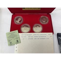 Coins including, Queen Elizabeth II Guernsey 1995 silver proof one pound coin, Tristan da Cunha 2014 9ct gold one gram one crown coin, The Royal Mint United Kingdom 2007 proof coin collection in red case with certificate, 2012 'My First Coins' in card folder, various commemorative crowns etc