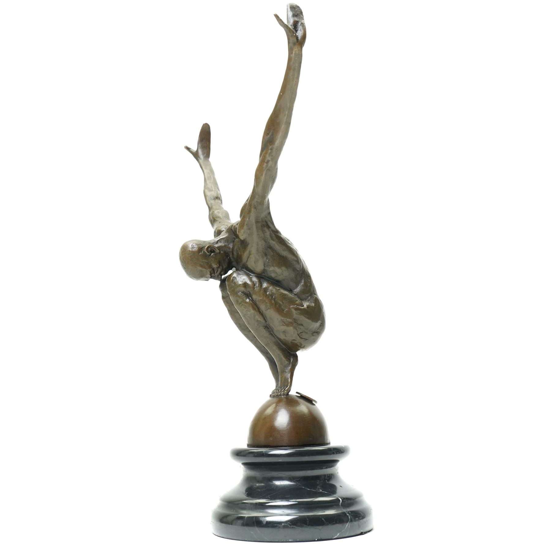 After Milo - bronze figure of a man in perfect balance, bearing signature and foundry mark, overall H28.5cm
