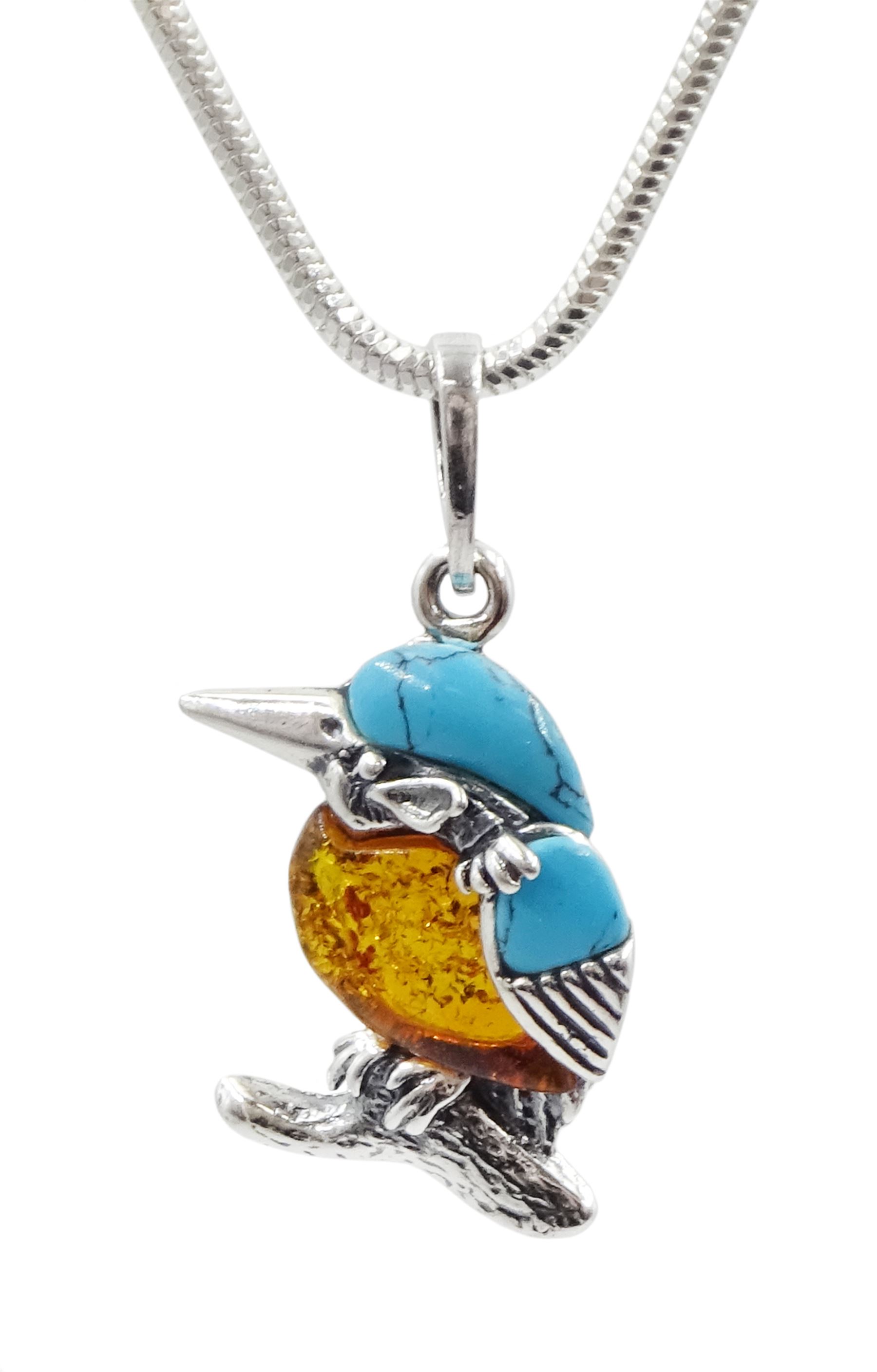 Silver Baltic amber and turquoise kingfisher pendant necklace, stamped 925