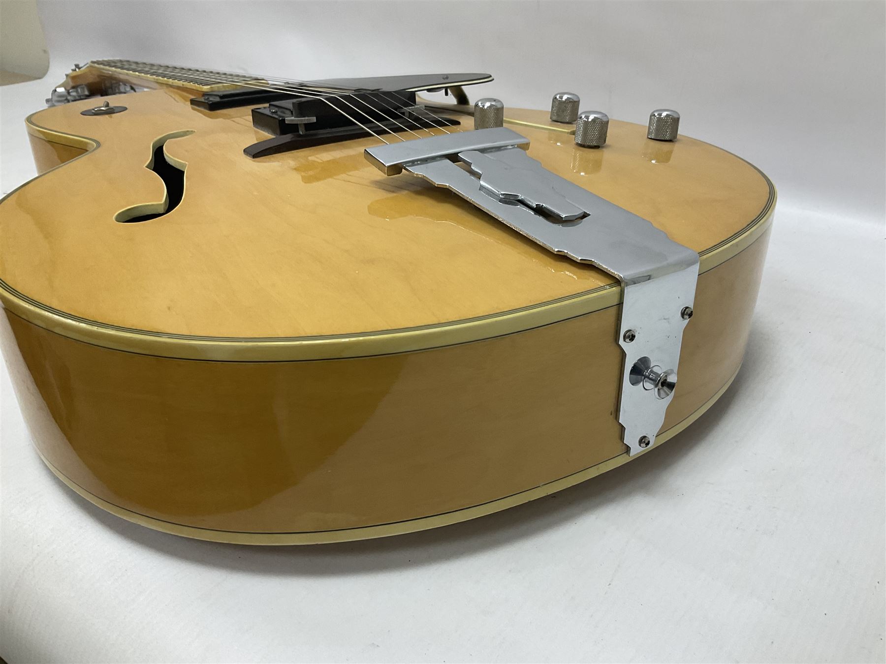 1980s Korean Antoria Jazzstar hollow body electric guitar, in blonde finish with inlaid fretboard, model no E G794, L109cm