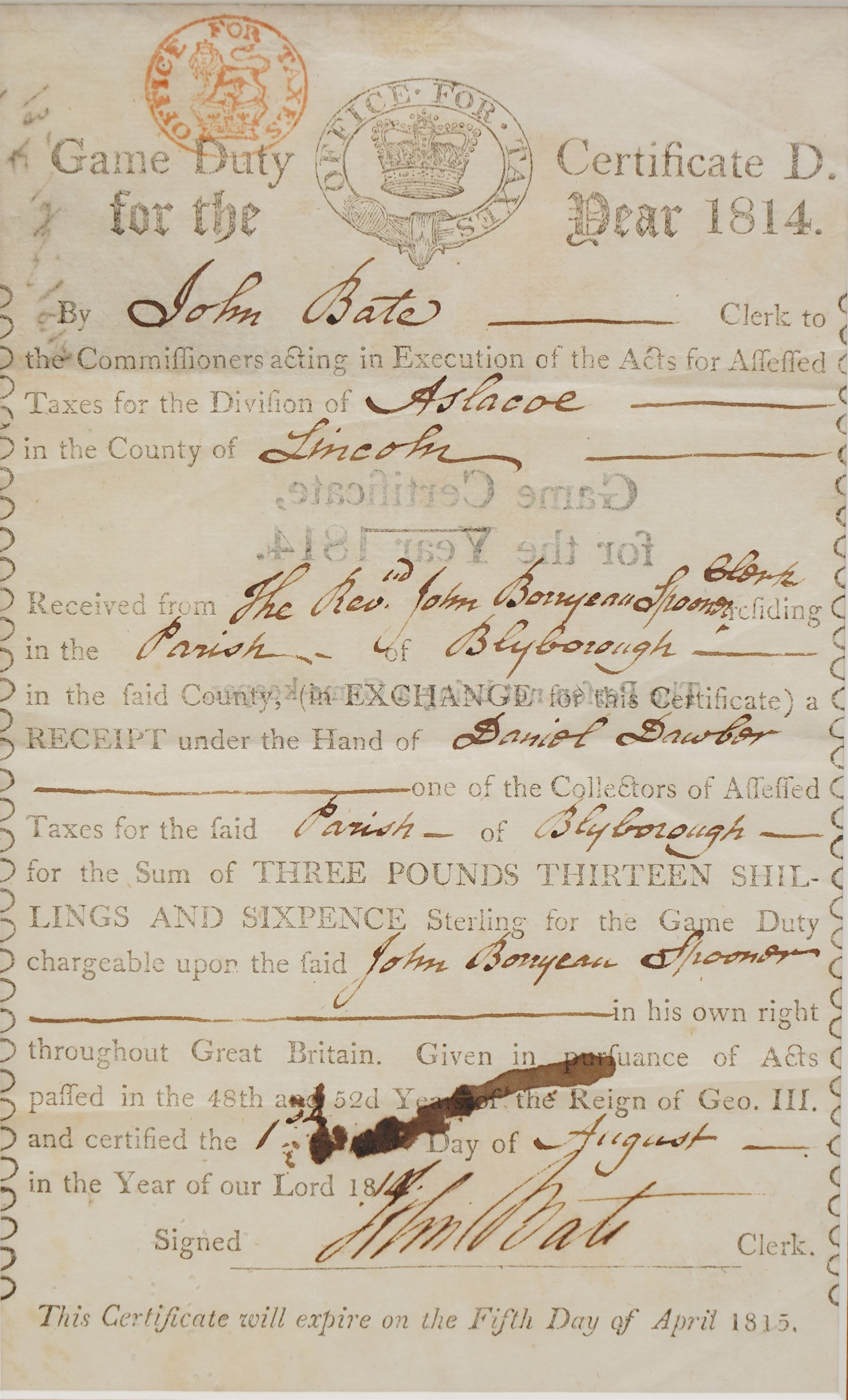 George III Game Duty Certificate issued to the Wapentake of Aslacoe, Lincoln, parish of Blyborough 1814, framed