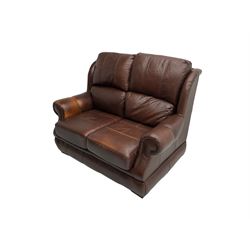 Three piece suite, comprising three seater sofa (W190cm) two seater sofa (W142cm) and armchair, (W94cm) upholstered in brown leather