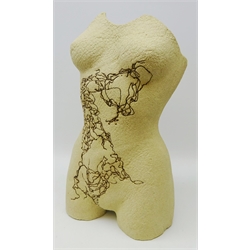  Large crank clay stoneware female torso with glaze detail by Jude Howe, H53cm   