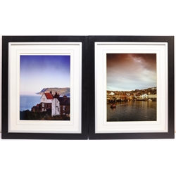 Sue McDonald 'Beside the Wave Gallery', poster print 69cm x 49cm; Scarborough Harbour & Robin Hood's Bay, pair gloss finish photographs 39cm x 29cm; Scarborough South Bay and Harbour, pair photographic prints on canvas 51cm x 76cm (5)