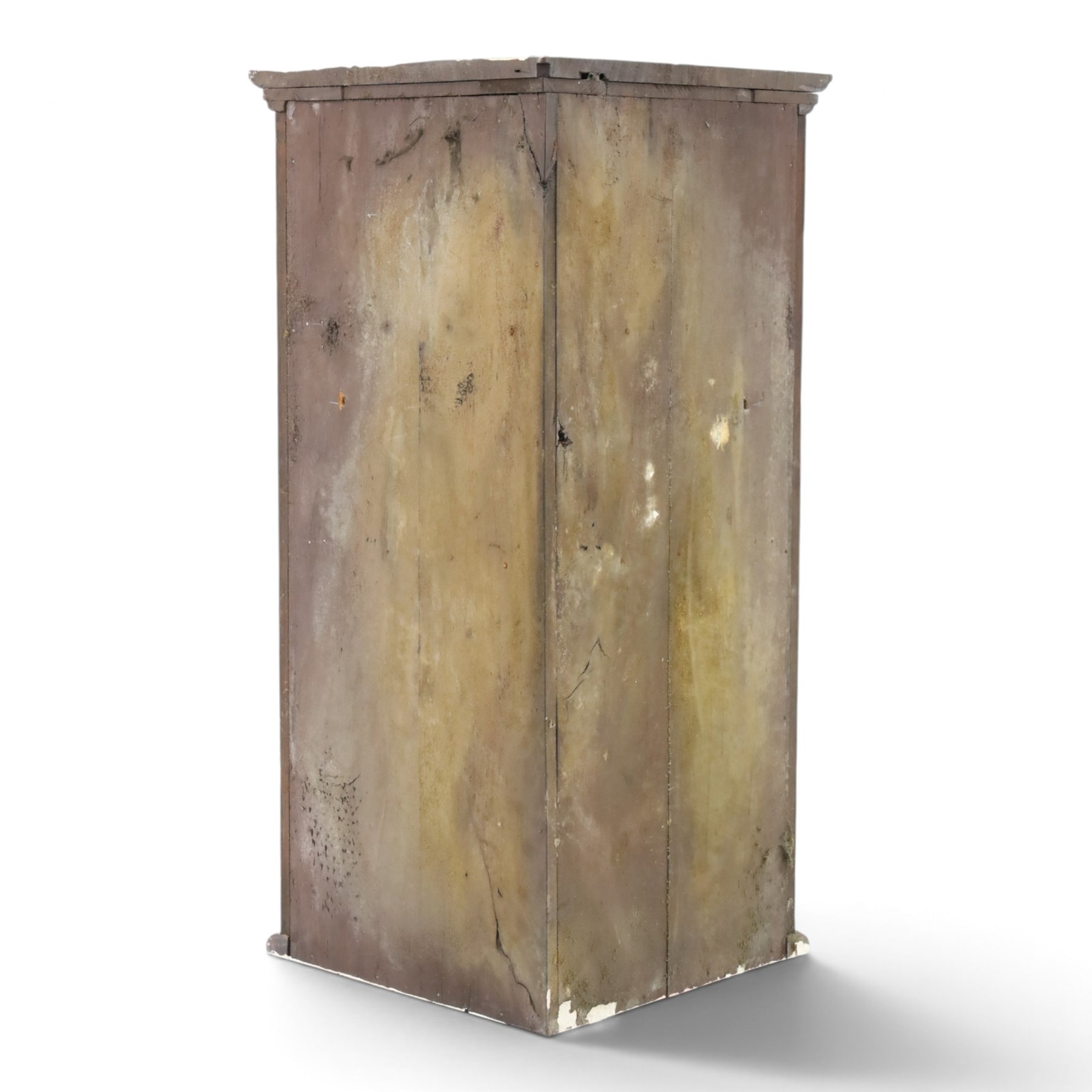 Small Georgian mahogany cylindrical hanging corner cabinet, projecting cornice with dentil carving, brass H hinges and escutcheons