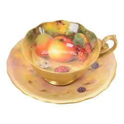 Royal Worcester fruit painted cabinet scallop edge teacup and saucer,  interior hand paint...