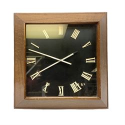 Nautical electric clock, square dial with raised Roman numerals, the chopstick hands inscribed 'Phillip Priestman' from the Sabak Crew in 1934 A Pleasant and Safe Voyage, Good Luck, Long Life and Good Health with No Setbacks' in ripple mahogany cushion surround, H49cm, W49cm