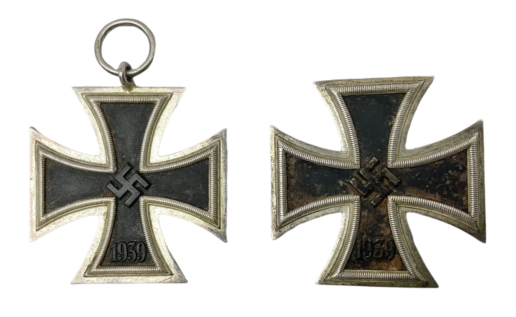 WW2 German Iron Cross 1st Class, back of pin indistinctly stamped ?20; and WW2 German Iron Cross 2nd Class, ring indistinctly stamped ?100 for Rudolf Wachtler und Lange (2)