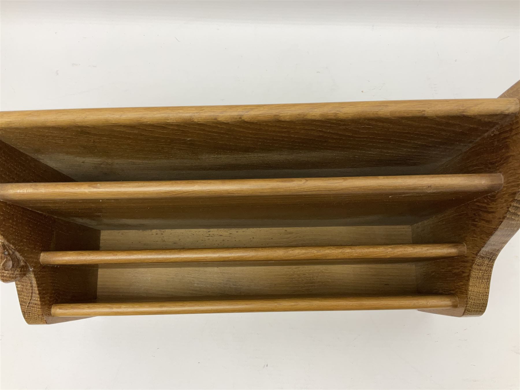 Mouseman - oak letter rack, shaped end supports enclosing three divisions, carved with mouse signature, by the workshop of Robert Thompson, Kilburn