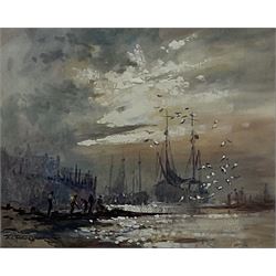 Robert Leslie Howey (British 1900-1981): Fishing Boats at Low Tide, watercolour heightened in white signed 22cm x 27.5cm