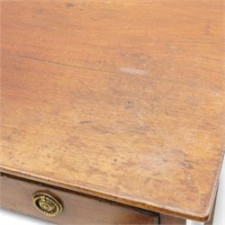 George III mahogany side table, rectangular top over single drawer, fitted with brass ring handles and pressed circular plates, on square tapering supports