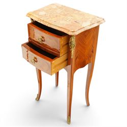 Pair of French inlaid kingwood marquetry bedsides, the shaped marble top over two drawers flanked by gilt metal rocaille mounts, raised on tapering cabriole supports