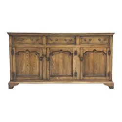 Georgian style distressed light oak sideboard, fitted with three drawers and cupboards, L168cm, D46cm, H91cm