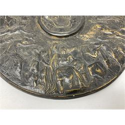 Bronzed wall mounted charger with Greek Pantheon decoration, the raised circular centre depicting a lyre motif flanked by two winged cherubs surrounded by Greek nude Classical figures of warriors and musicians etc, D33.5cm