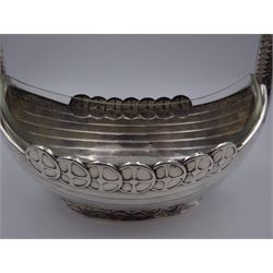 Silver plated novelty sugar bowl, in the form of a viking longship, with clear glass liner, stamped Alpacca to base, H15.5cm