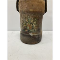 Late 19th/early 20th century leather covered artillery shell carrier, decorated with Royal Coat of Arms, with leather carrying handle supported by brass studs, H29cm excl handle