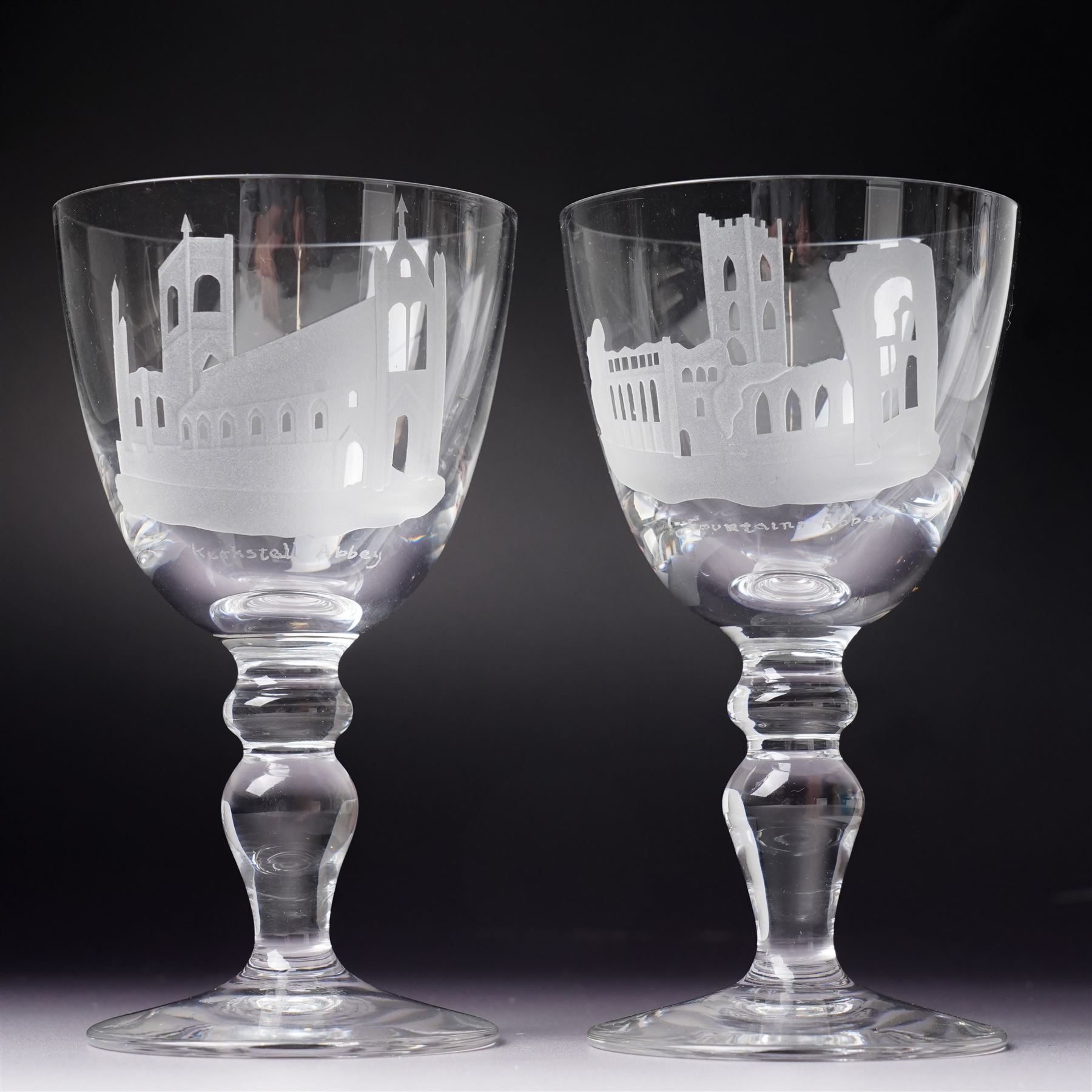 Set of six limited edition etched Caithness goblets, depicting the Abbeys of Yorkshire, no 1/100 with original box and certificate of authenticity