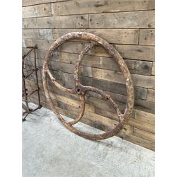 Two vintage agricultural harrows and cast iron machinery wheel/gear