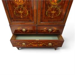 19th century French Louis XVI design mahogany and polychrome painted gentleman's press wardrobe - projecting cavetto cornice with urn and bellflower painted frieze, the twin doors with classical figural medallions surmounted by urns and festoon decoration with scrolling acanthus leaves, enclosing five sliding trays, the base fitted with two short over three long cock-beaded drawers, the facias painted with interlocking swags and garlands of bouquets with recumbent lion brass handle-plates, lower reeded edge on turned feet