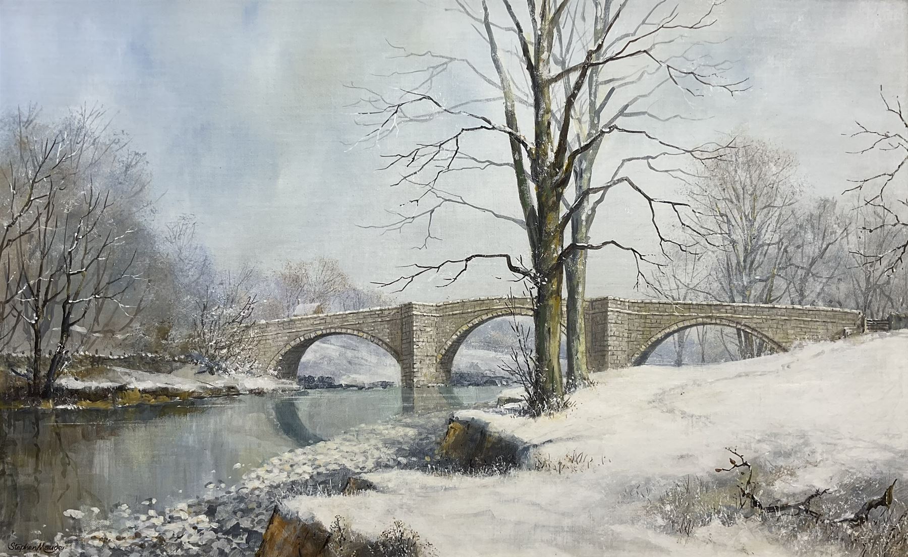 Stephen Maude (British 1919-): 'Barden Bridge Wharfedale in Winter', acrylic on canvas board signed, titled signed and dated 1983, 42cm x 67cm