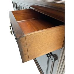 Late Victorian walnut sideboard, moulded rectangular top over three drawers  with blind fretwork facias, fitted with central fall front cupboard with extending foliage carved decoration and two flanking panelled cupboards, on acanthus carved cabriole feet