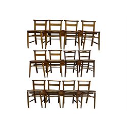 Set of twelve early-to-mid-20th century elm and beech ecclesiastical chapel chairs, each set of four united by stretcher with flanking bible boxes