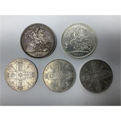Two Queen Victoria 1887 crown coins and three 1887 double florin coins (5)