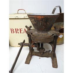 Three brass jam pans, copper fish pan, enamel bread bin, quilt and a grain/flour grinder 