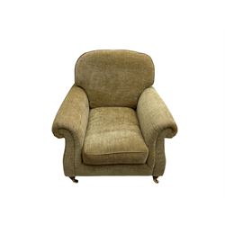 Parker Knoll - two seat sofa upholstered in pale striped fabric (W178cm), and matching armchair upholstered in pale dotted fabric (W95cm), on turned front feet with brass cups and castors 