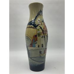 Moorcroft Whitby Harbour vase, 2017, trial vase of slender baluster form, tubelined and painted in bright colours with a view of Whitby town and harbour, impressed and painted marks beneath, H26cm 