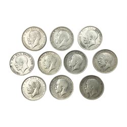Ten King George V 1916 silver half crown coins