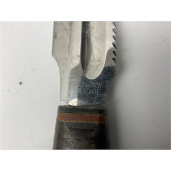 German ERN Wald-Solingen Art Deco style hunting knife with 13cm Bowie type blade and chrome fittings with antler grip; in leather sheath L24.5cm overall; and Bianchi Rastignano Aeronautica Militare combat knife with 15.5cm Bowie type saw-back blade and stacked leather grip (2)