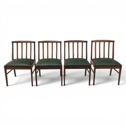Mid-20th century teak dining table and chairs, with stowable fold over leaf, raised on square tapering legs, the chairs with teak frames and reupholstered green leather seats
