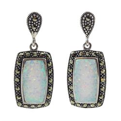 Pair of silver opal and marcasite cluster, pendant stud earrings, stamped 925