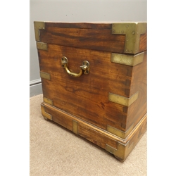  Victorian brass bound hardwood military style trunk, with hinged lid brass side carry handles and skirted base, W92cm, H53cm, D50cm  