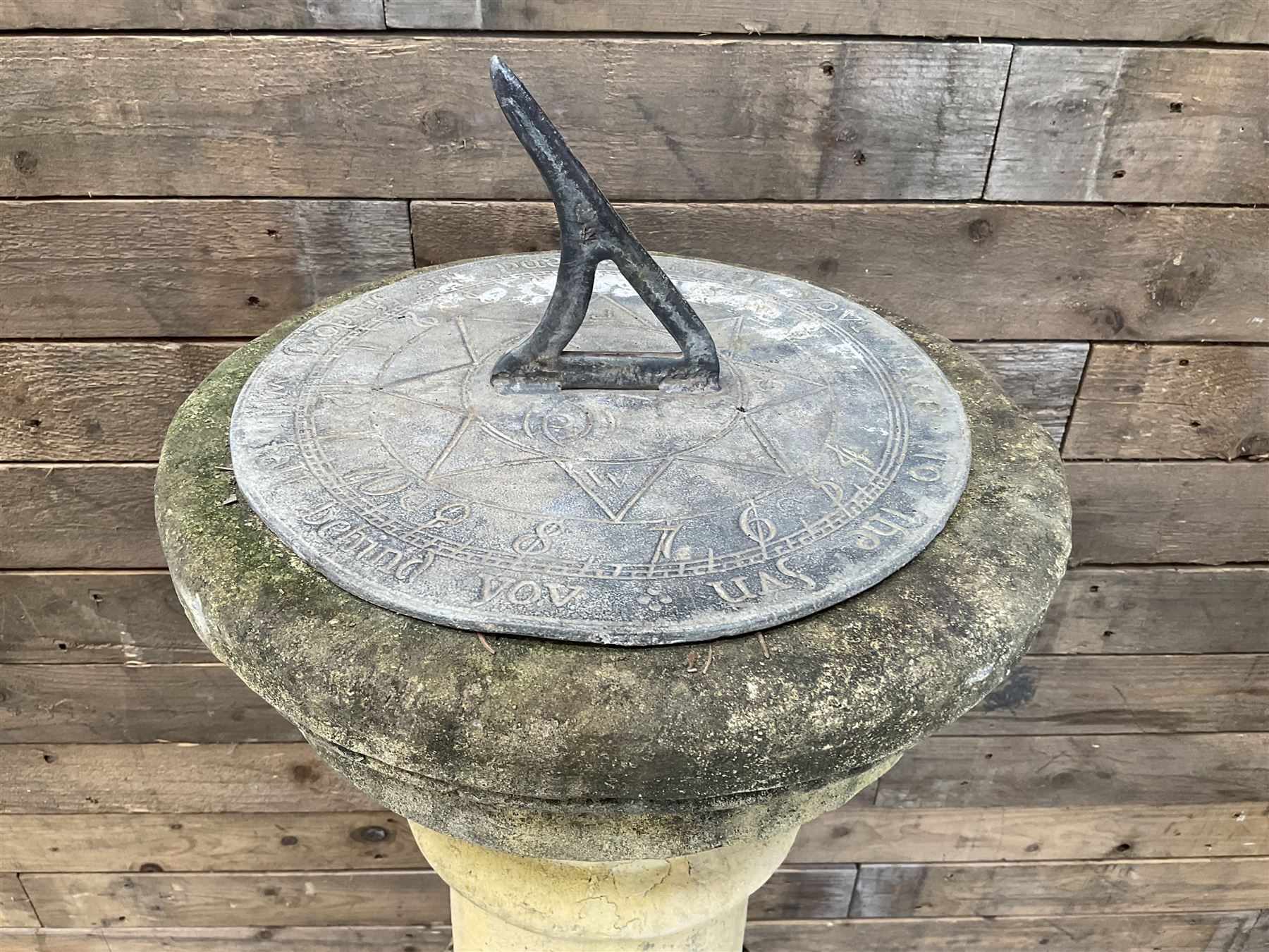 Victorian design cast stone sun dial, circular column with lead NESW plate