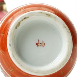 Chinese rock crystal figure of a deity with peaches, H12cm, a Japanese Shunga erotically carved seal, H7cm, an erotically painted Chinese scent bottle, H8cm, Japanese satsuma vase, H16cm and a Chinese famille vert teacup, H6.5cm(5)