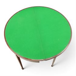 Edwardian mahogany inlaid demi-lune side table, inlaid top with shell motif, green baize interior, with gateleg, raised on square tapering supports terminating in spade feet