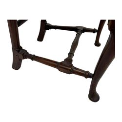 Pair of 19th century Queen Anne design walnut framed side chairs, yoke crest rail over vase-shaped splat, upholstered drop-in seats, raised on cabriole supports with pad feet united by turned stretchers