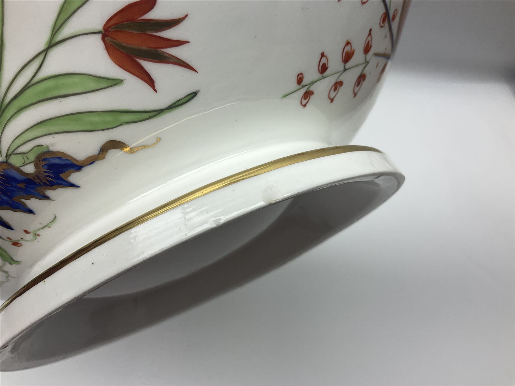 19th century Royal Crown Derby in cherry tree pattern, twin handled sauce dish and saucer and twin handled dish, together with three Royal Crown Derby plates, including one signed WEJ Dean