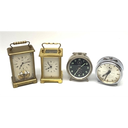 A brass cased carriage clock, the white dial with black Roman numerals detailed Bayard Made in France, another Schatz example, and two German alarm clocks, the first a Junghans Blaustern example, the second Kienzle example. 