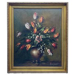 English School (20th century): Still Life of Tulips in a Vase, oil on canvas indistinctly signed 60cm x 50cm