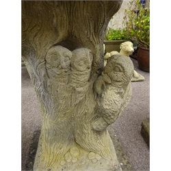  Composite stone log effect bird bath on owl cast square pedestal, H79cm, W39cm   