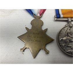 WW1 pair of medals comprising British War Medal and 1914-15 Star awarded to 1440 Pte. J. Wood Lan. Fus.; and WW1 Victory Medal awarded to 12128 Bmbr. R. Phillips R.A.; all with ribbons (3)