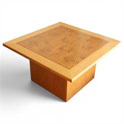 Light oak square coffee table, burr and figured top