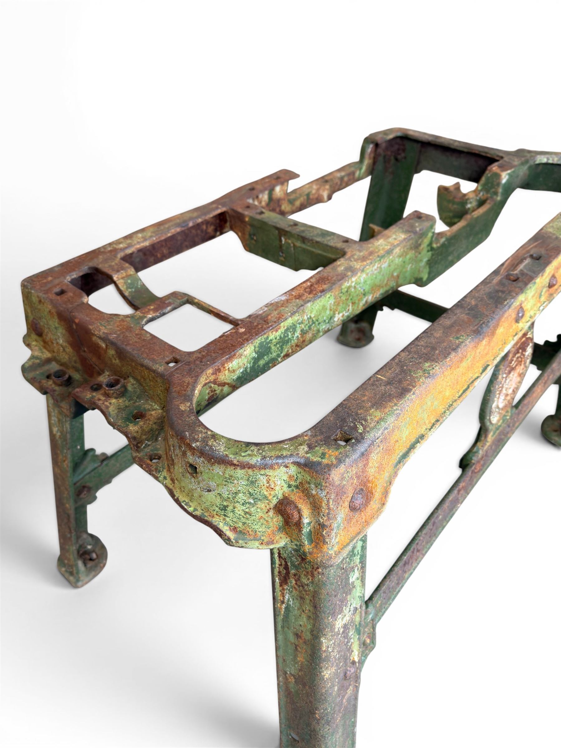 19th century heavy cast iron garden / machine table base, by Henry Bamford & Sons, with plaque, no. 3374, part of the JCB family